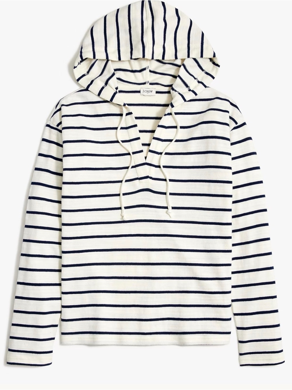 J. Crew White and Navy Striped V-Neck Beach Hoodie Pullover Top, Size Medium.